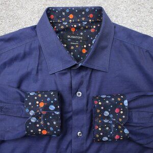 Bugatchi Shirt Mens Large Blue Shaped Fit Planet Flip Cuff Long Sleeve Cotton